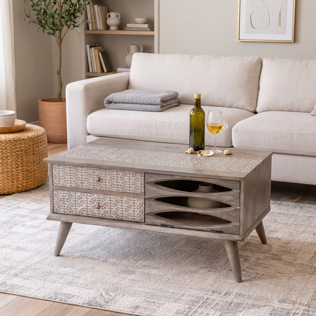 PRITI solid mango wood coffee table with two drawers and open storage shelf