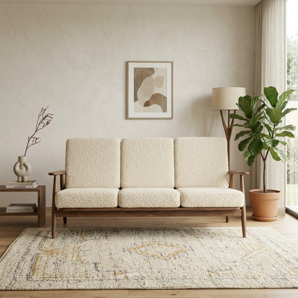 PRITI solid teak wood three seater sofa with Crème Boucle fabric