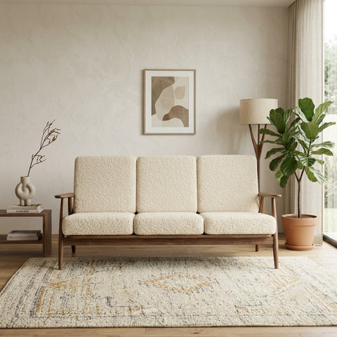 PRITI solid teak wood three seater sofa with Crème Boucle fabric