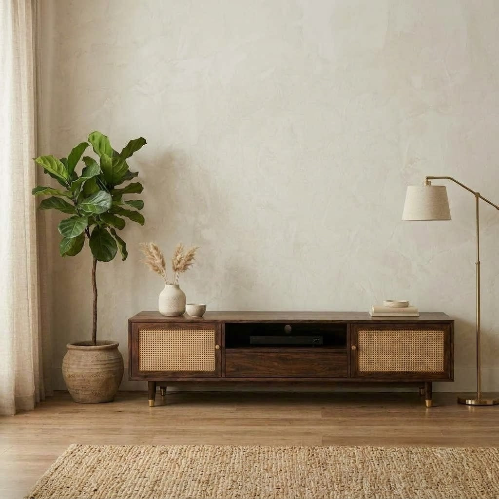 PRITI solid wood TV entertainment unit with cane panel cabinet
