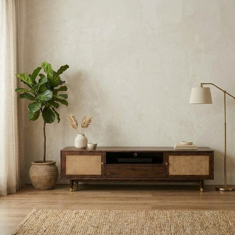 PRITI solid wood TV entertainment unit with cane panel cabinet