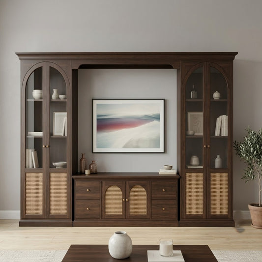 PRITI solid wood TV wall unit with arched cane cabinets