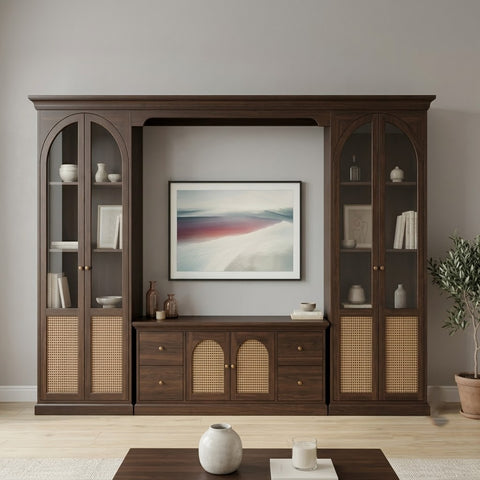 PRITI solid wood TV wall unit with arched cane cabinets