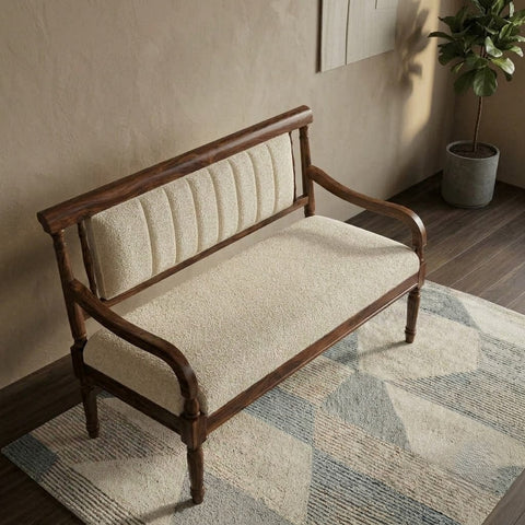 PRITI solid wood bedroom bench with crème boucle upholstery