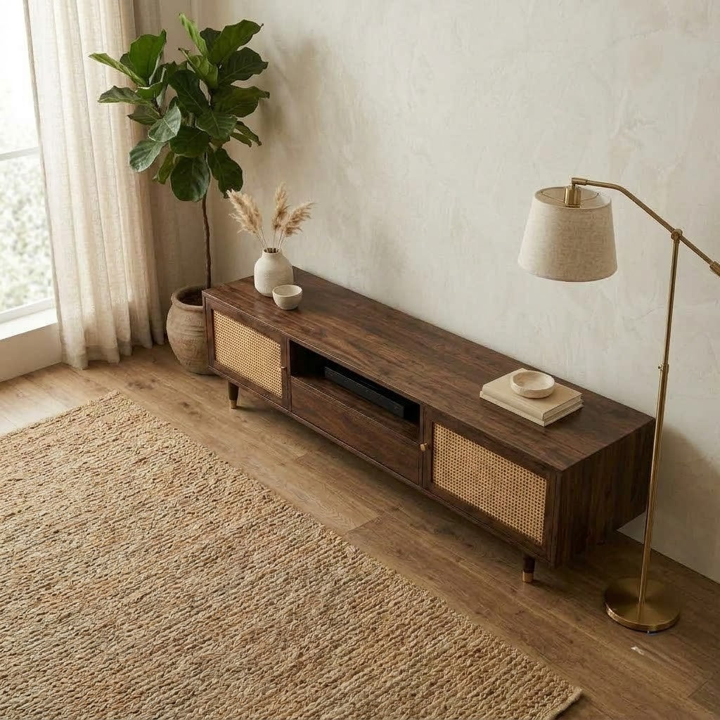 PRITI solid wood entertainment console with cane doors