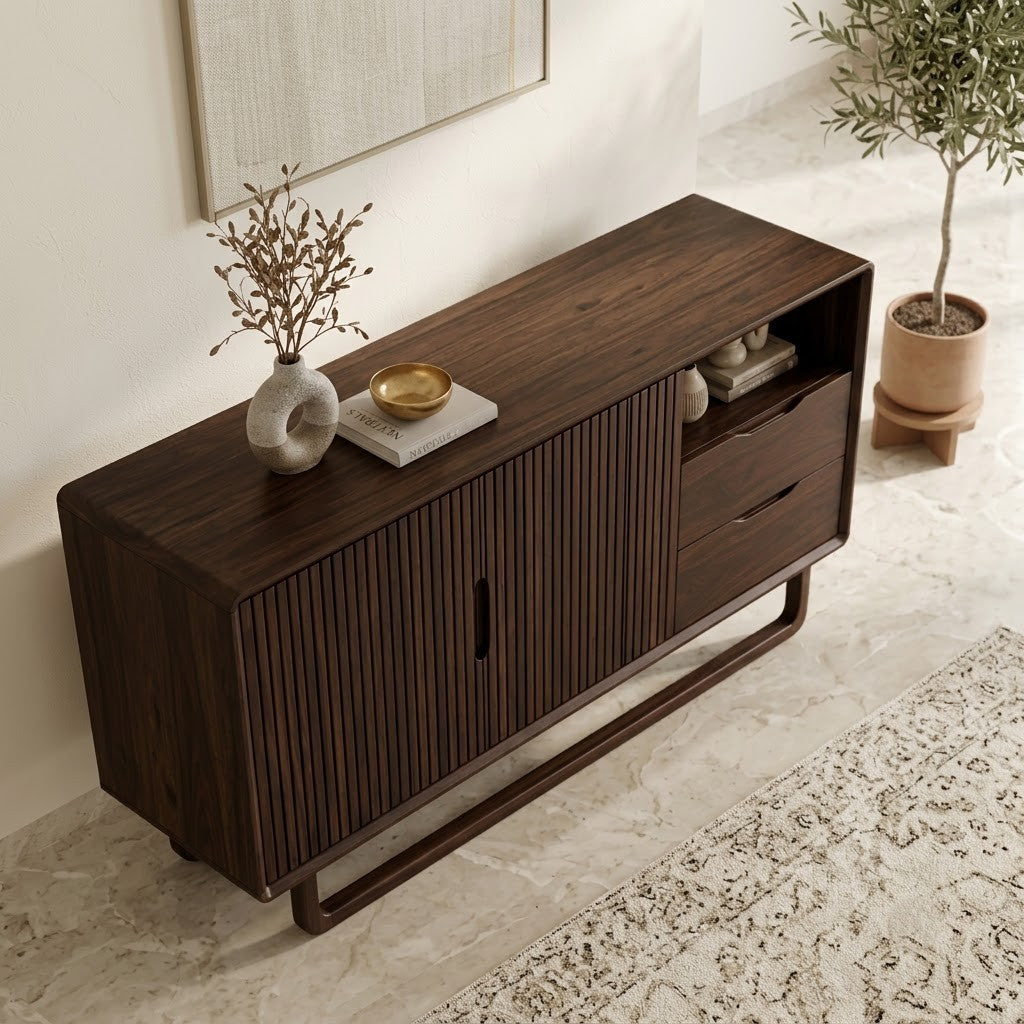 PRITI solid wood fluted cabinet with open shelf and drawers
