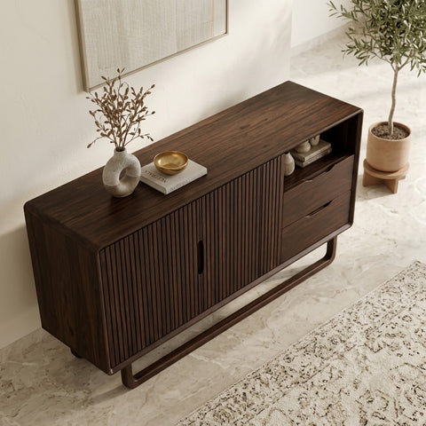 PRITI solid wood fluted cabinet with open shelf and drawers