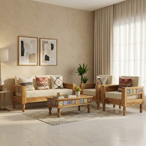 PRITI solid wood sofa with cream boucle upholstery