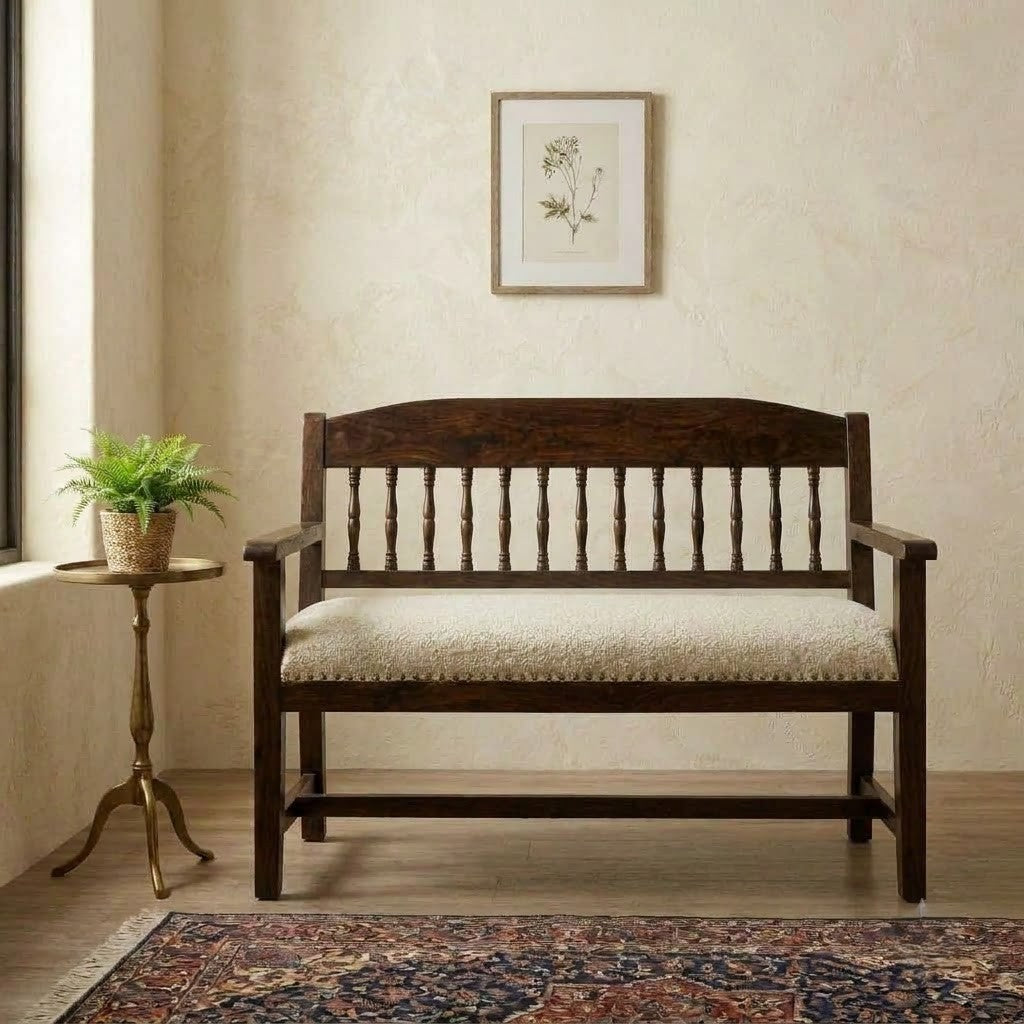 PRITI solid wooden bench for living room with boucle upholstered seat