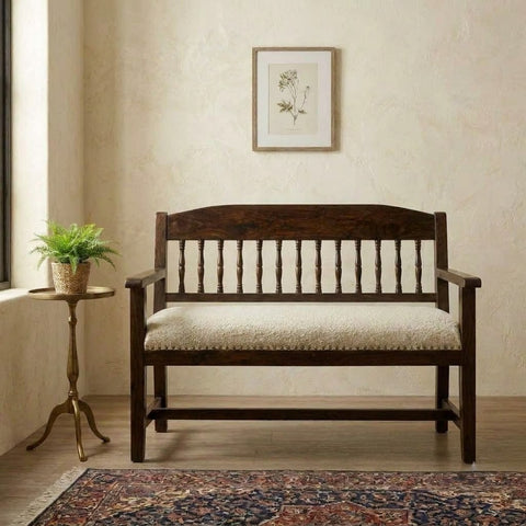 PRITI solid wooden bench for living room with boucle upholstered seat