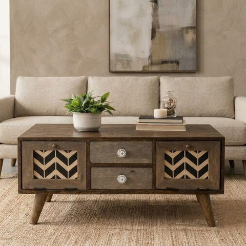 PRITI stylish coffee table with decorative storage doors and drawers