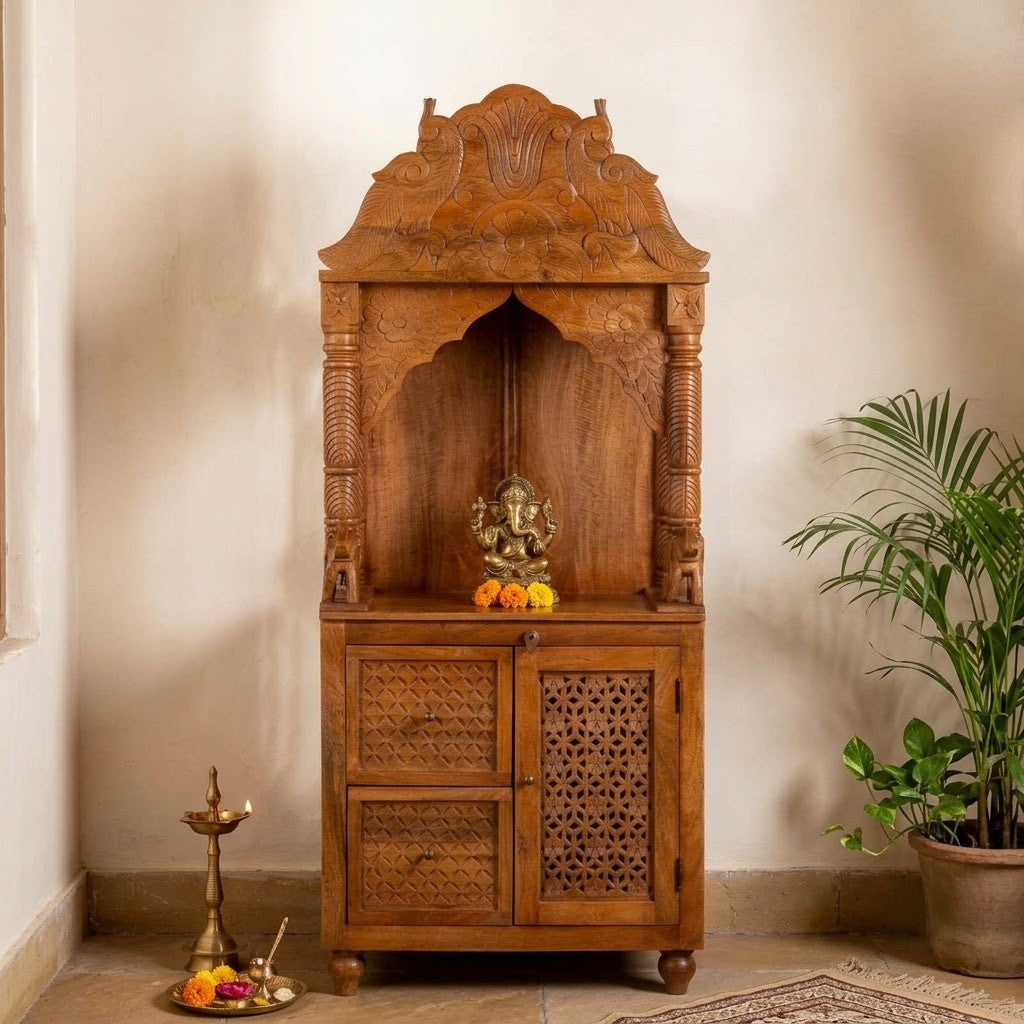 PRITI tall carved wooden temple for traditional home decor