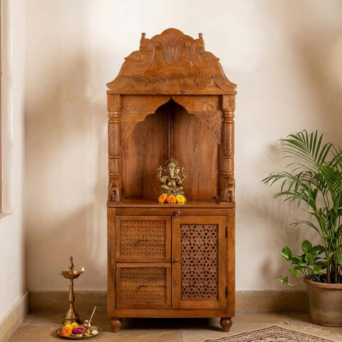 PRITI tall carved wooden temple for traditional home decor