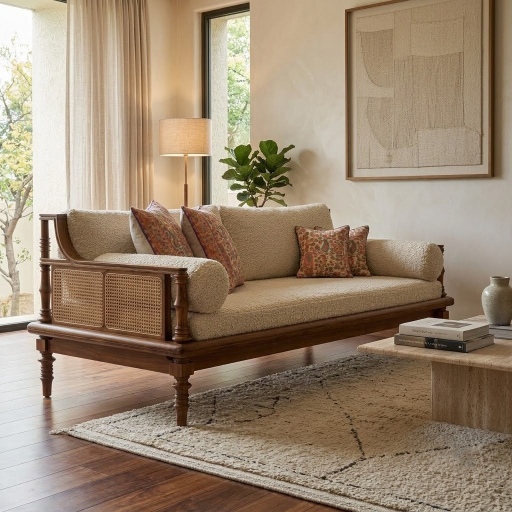 PRITI teak three seater diwan with crème boucle fabric