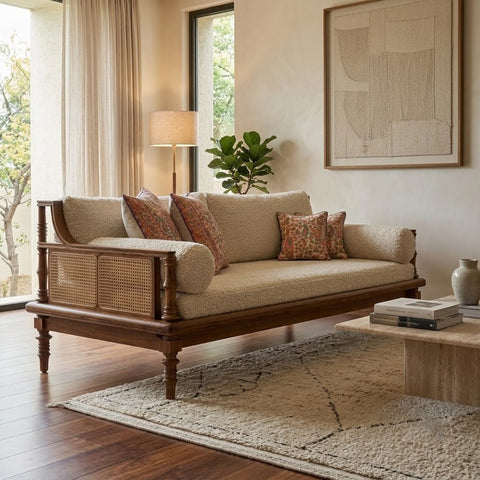 PRITI teak three seater diwan with crème boucle fabric