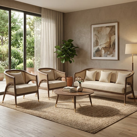 PRITI teak wood rattan sofa set with Crème Boucle upholstery