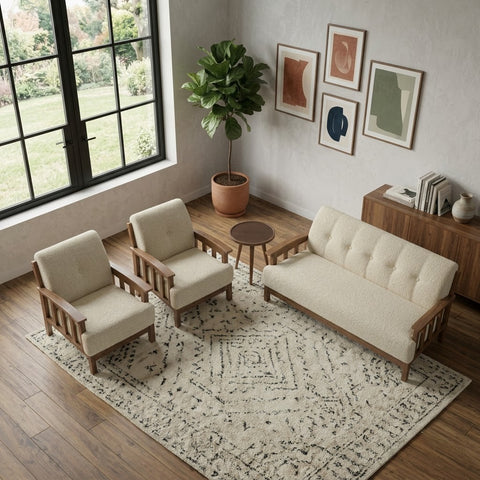 PRITI three-seater wooden sofa with crème boucle fabric