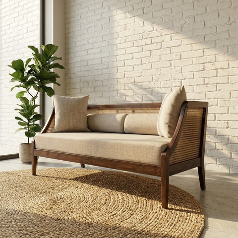 PRITI three seater Sheesham wood cane sofa with fabric upholstery