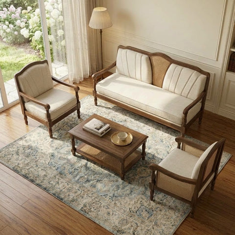 PRITI three seater sofa with two wooden armchairs