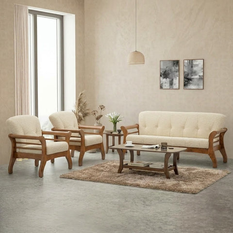 PRITI three seater wooden sofa with matching cream single seaters