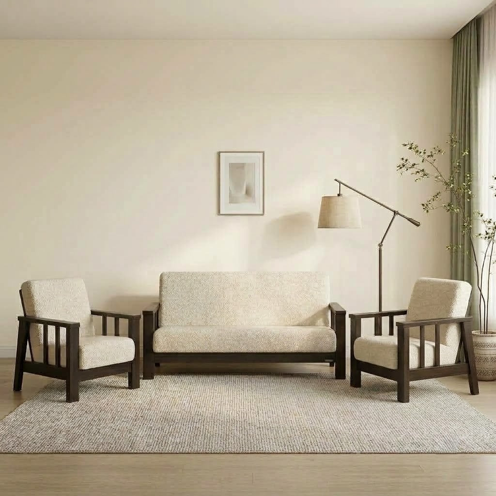 PRITI three seater wooden sofa with matte finish and HR foam cushions