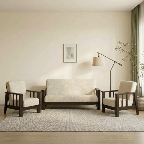 PRITI three seater wooden sofa with matte finish and HR foam cushions