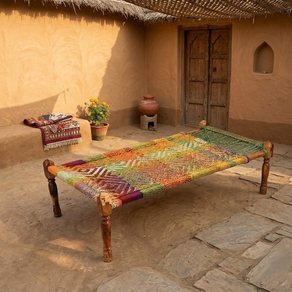 PRITI traditional wooden charpai with natural colourful rope weave