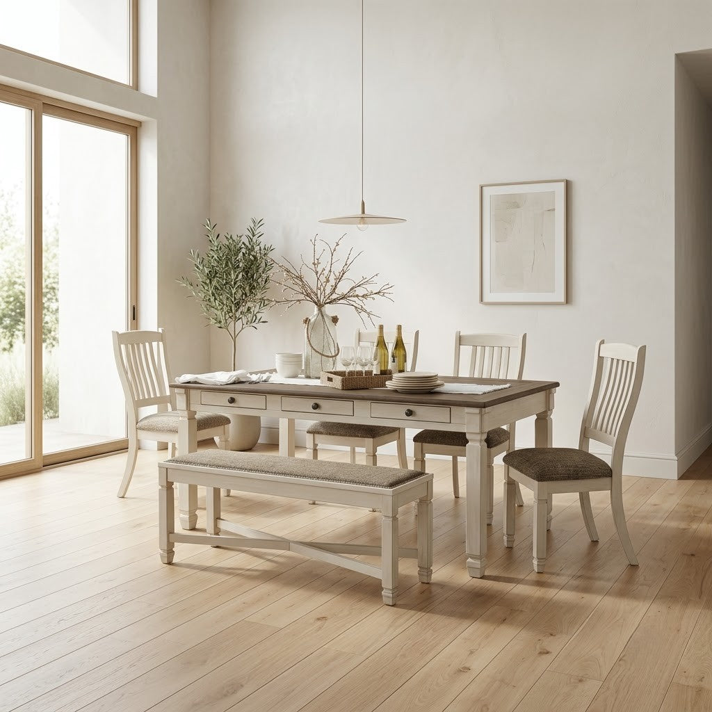 PRITI traditional wooden dining table set with white frames and brown tabletop