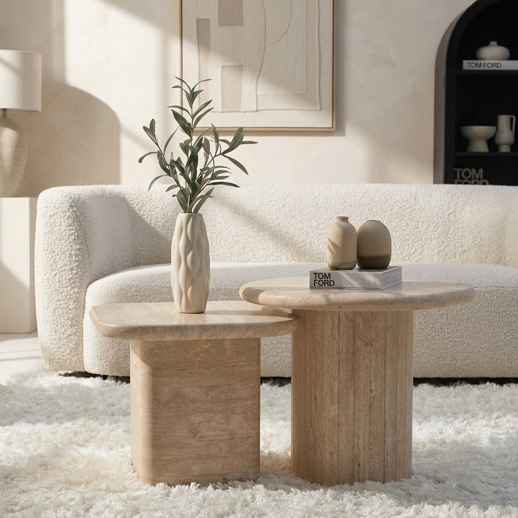 PRITI travertine nesting tables in neutral boucle living room