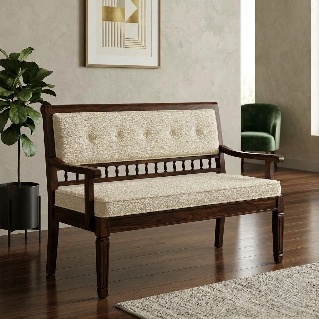 PRITI upholstered bedroom bench in crème boucle with walnut wood frame