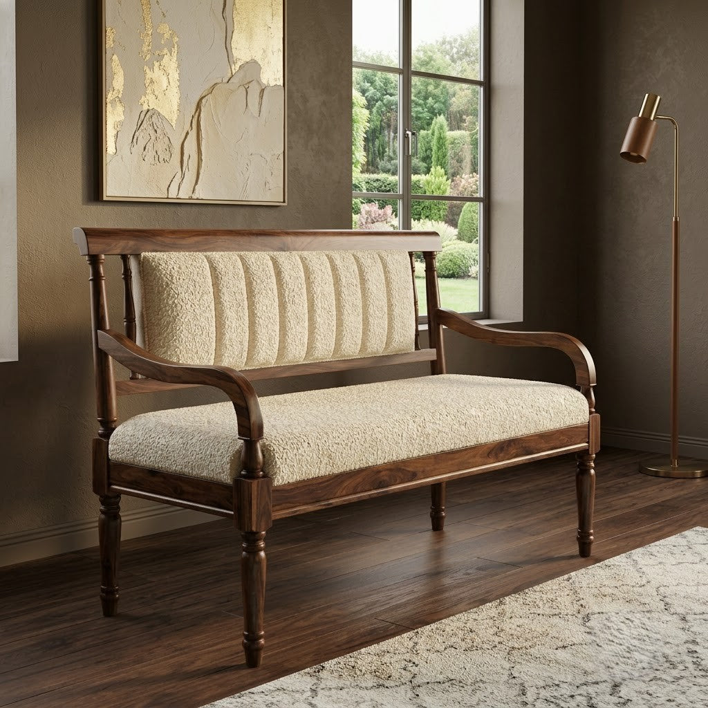 PRITI upholstered sheesham wood bench for living room seating