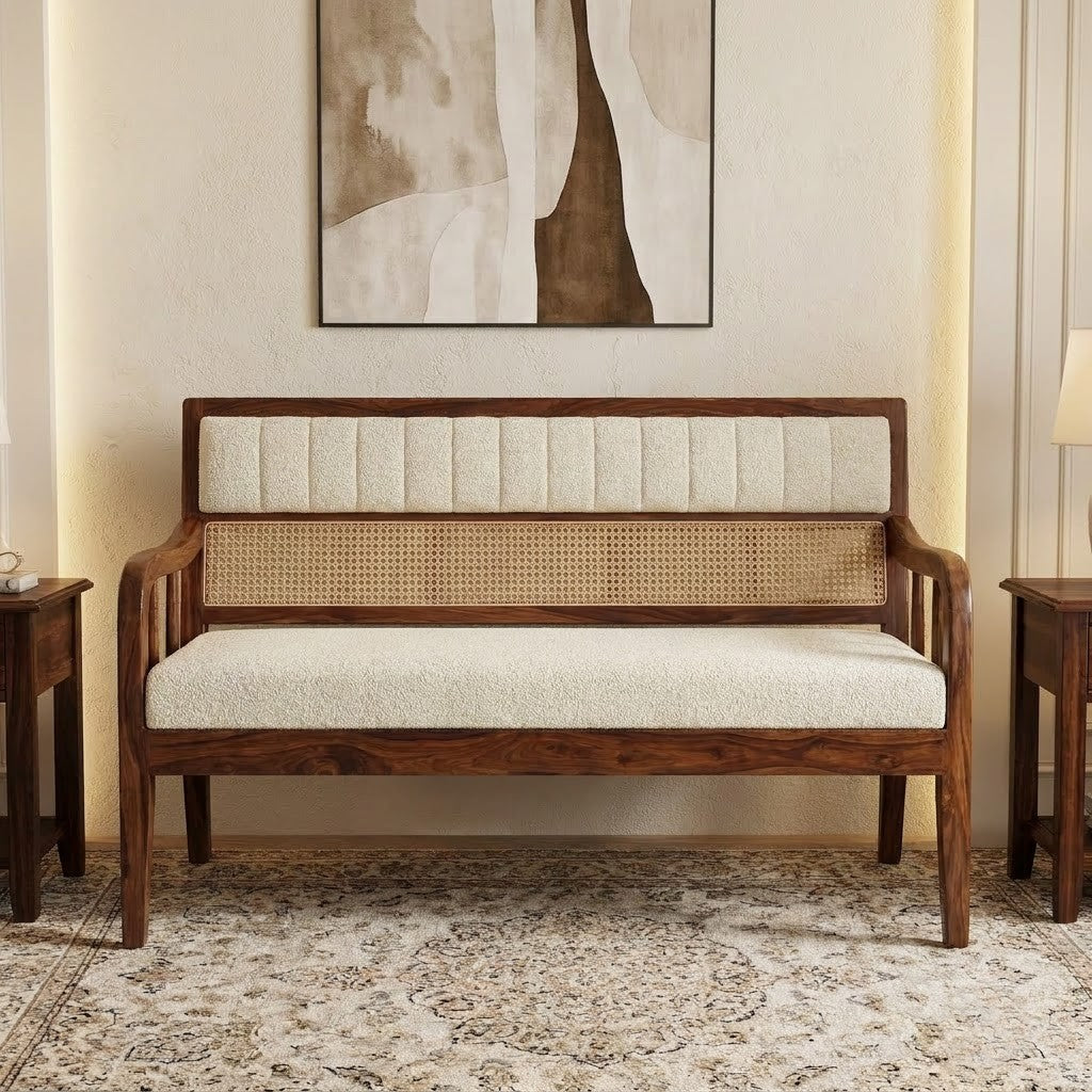 PRITI upholstered wooden bench for living room with boucle fabric