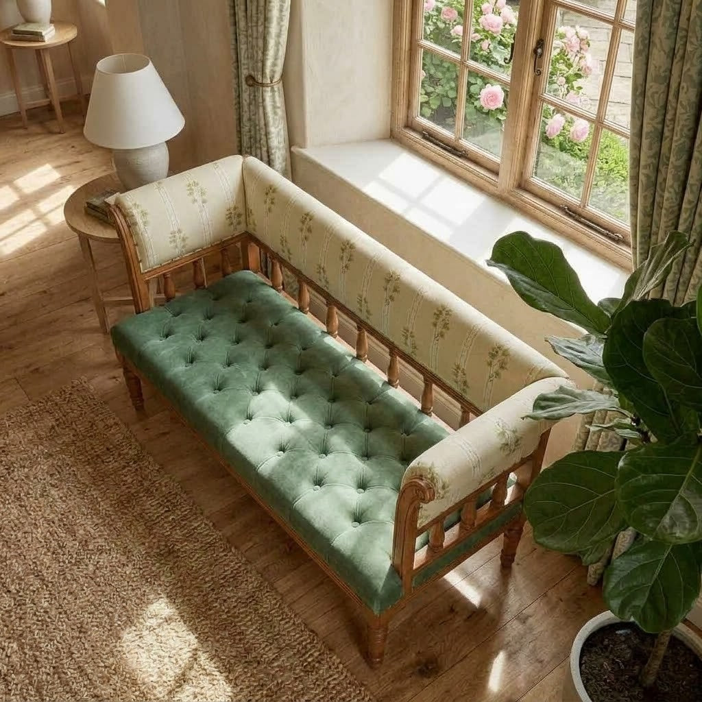 PRITI upholstered wooden bench with comfortable fabric seating