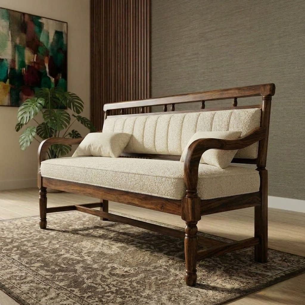PRITI walnut finish bench featuring soft boucle cushioned upholstery