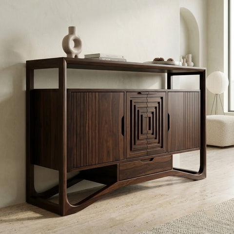 PRITI walnut finish sheesham wood sideboard front view in a living room
