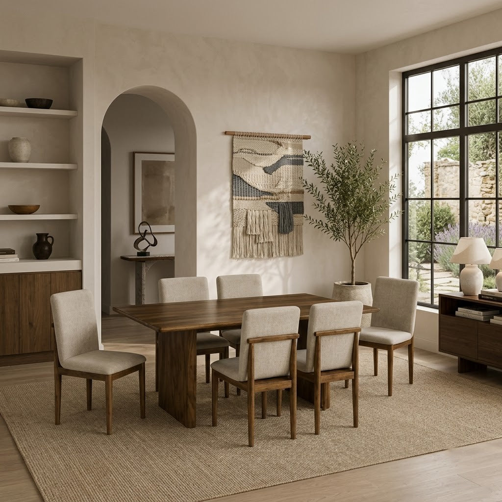 PRITI walnut finish wooden dining table set with six chairs
