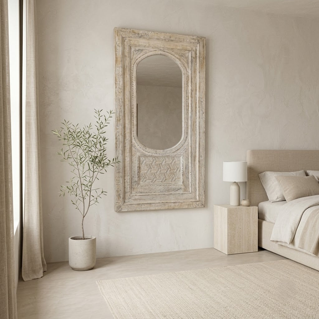 PRITI white-washed mango wood wall mirror with hand-carved frame