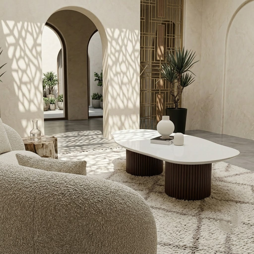 PRITI white quartz irregular coffee table with brown dual base