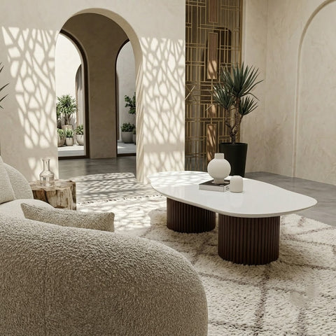 PRITI white quartz irregular coffee table with brown dual base