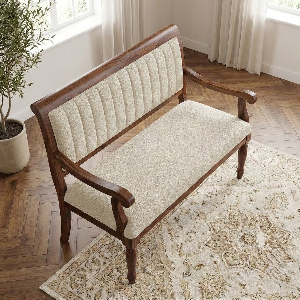 PRITI wooden bedroom bench with upholstered backrest and armrests