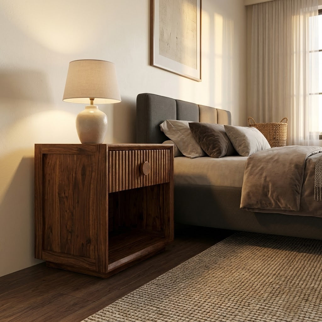 PRITI wooden bedside table with drawer and cabinet storage