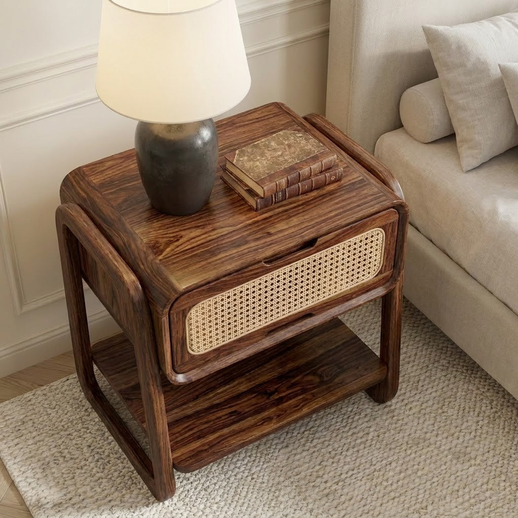 PRITI wooden bedside table with storage for modern bedroom