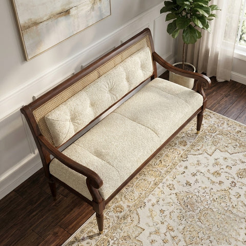 PRITI wooden bench for living room with crème boucle fabric
