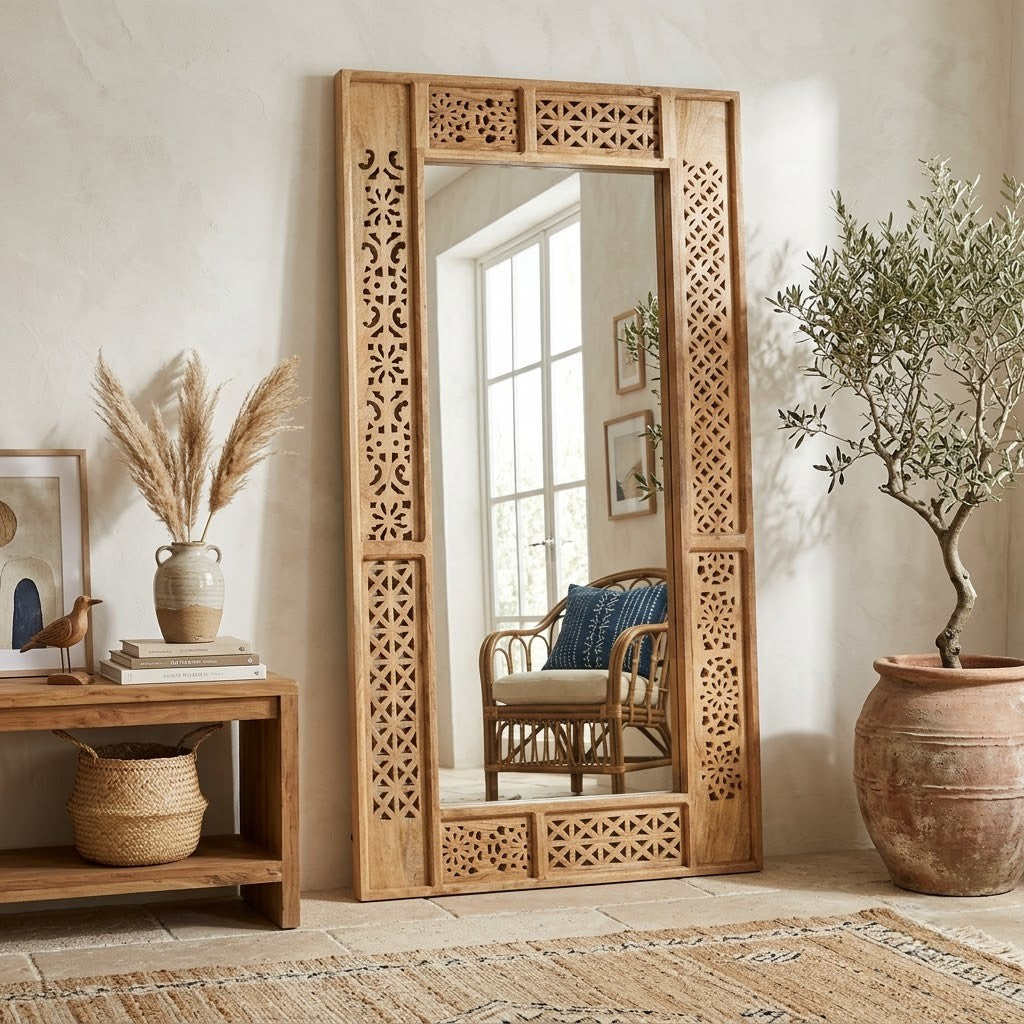 PRITI wooden carved frame mirror for home wall decor