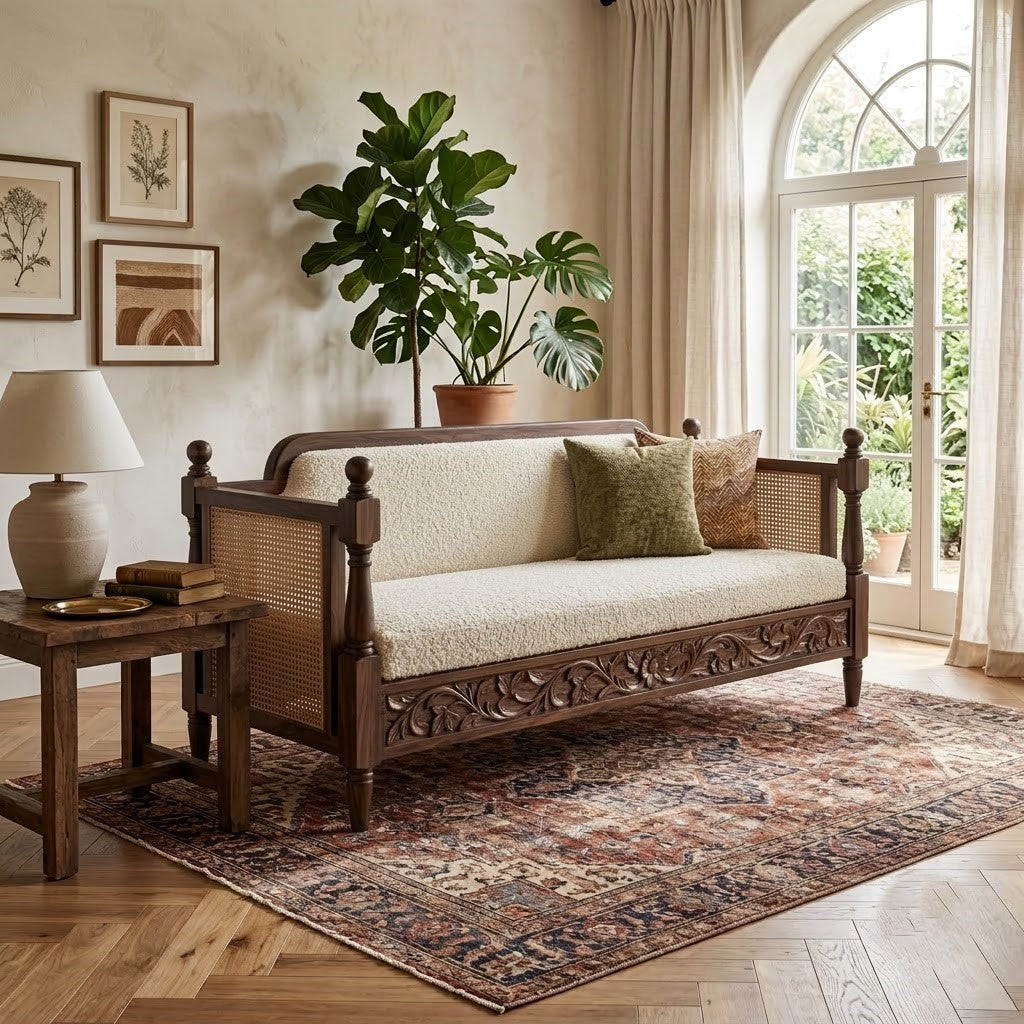 PRITI wooden daybed sofa with upholstered seating and backrest