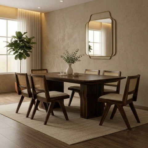 PRITI wooden dining furniture with textured boucle chairs