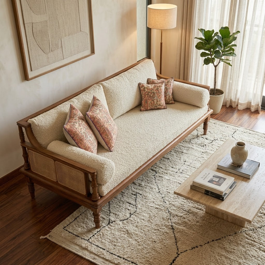 PRITI wooden diwan sofa with teak and rattan frame