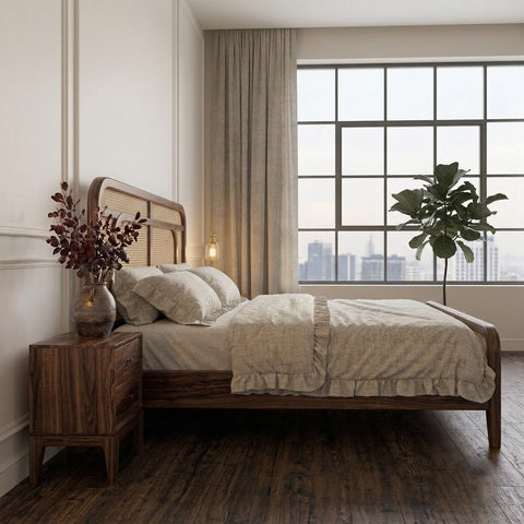 PRITI wooden king bed featuring natural cane headboard