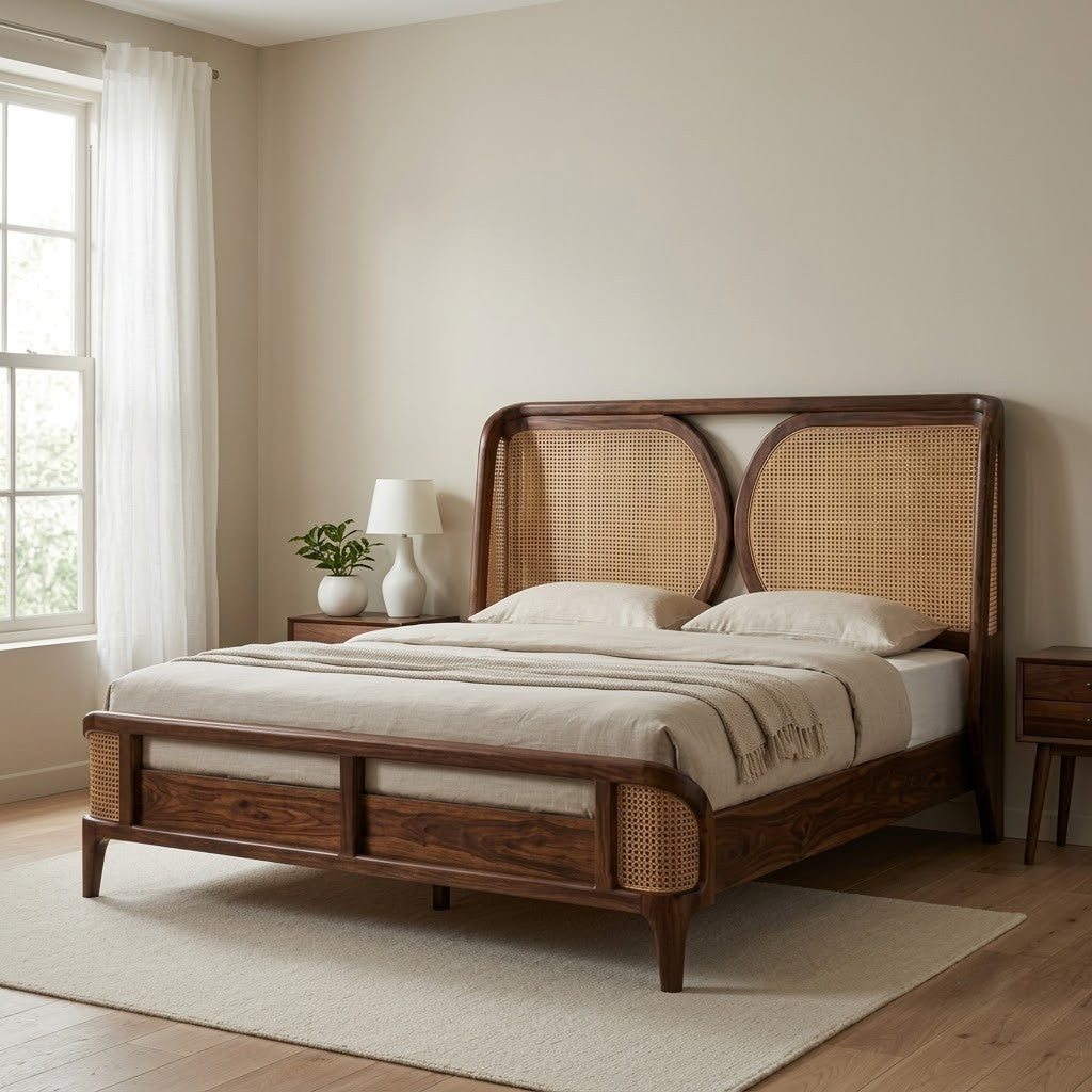 PRITI wooden king bed with decorative cane weaving headboard