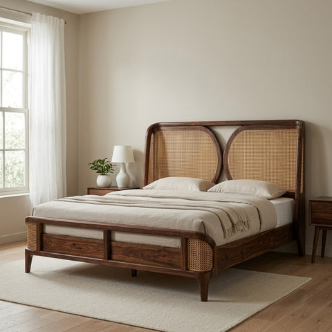 PRITI wooden king bed with decorative cane weaving headboard